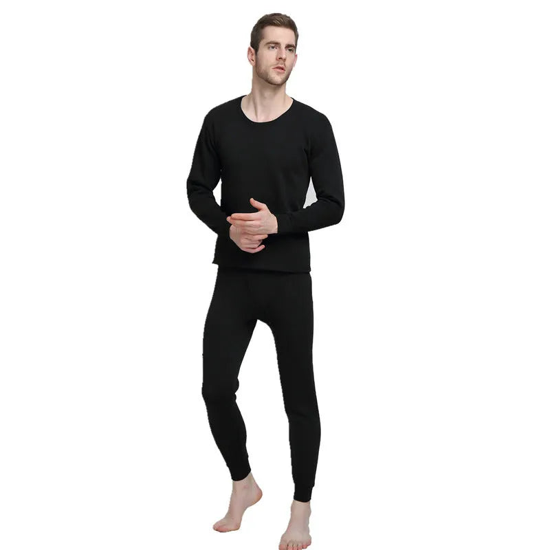 Men's plus velvet thick round neck thermal underwear set with long-sleeve pullover top and trousers in dark grey, light grey, black, or dark blue