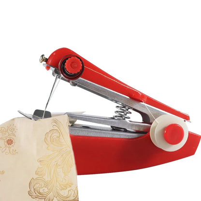 Small blue hand-held manual sewing machine showing stainless steel components and compact 11cm design