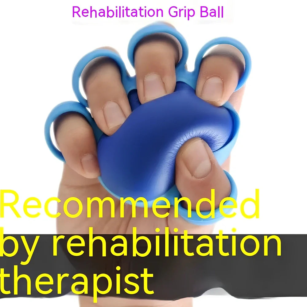 Blue four-finger grip training ball showing 10x9cm spherical design with silicone sleeve