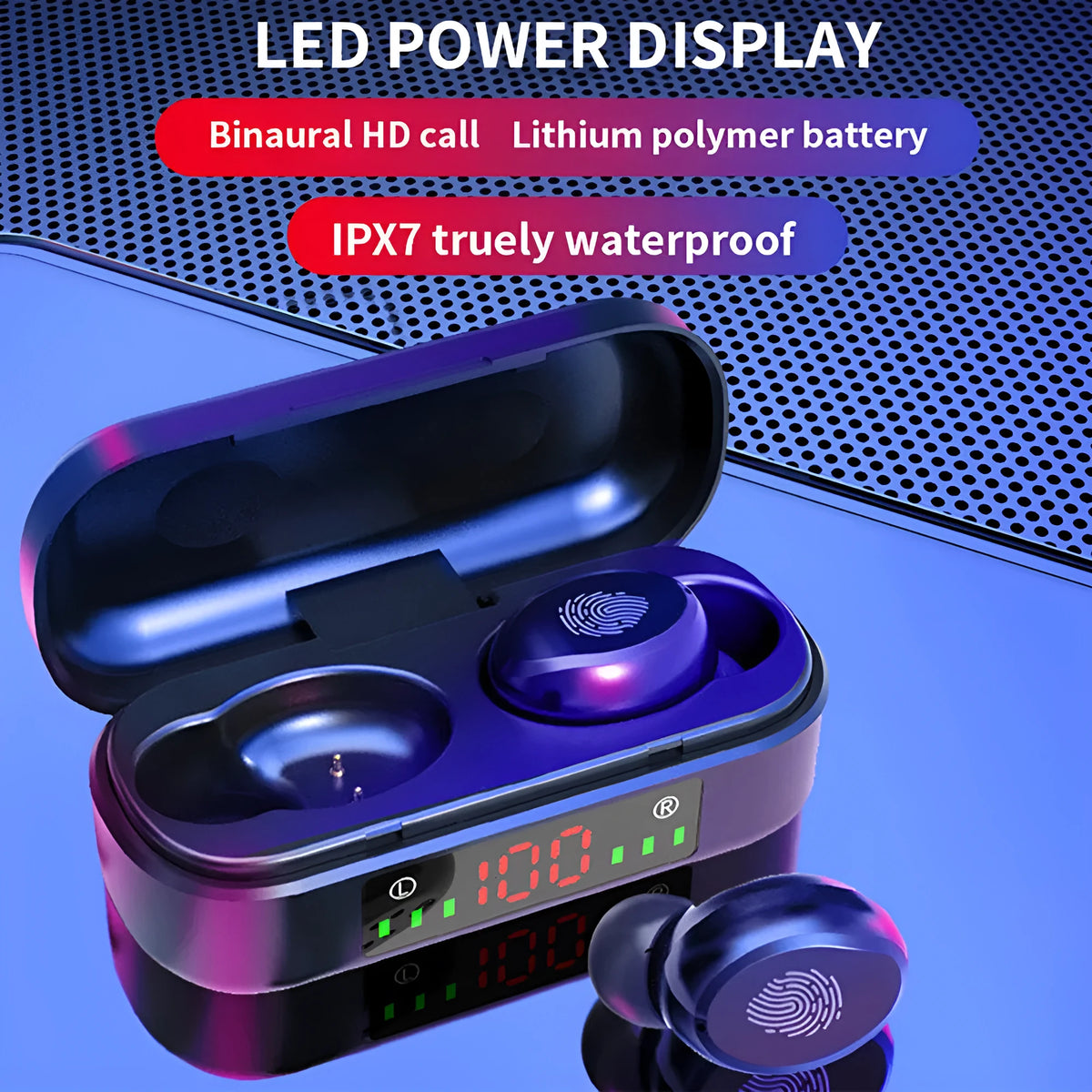 Black Bluetooth earphone with Bluetooth 5.0, 10 metre range, stereo sound, battery display and voice control