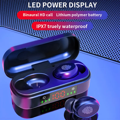 Black Bluetooth earphone with Bluetooth 5.0, 10 metre range, stereo sound, battery display and voice control
