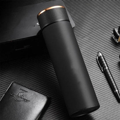 Ergonomic business travel mug with temperature display, made of durable stainless steel in black, red, and blue colors