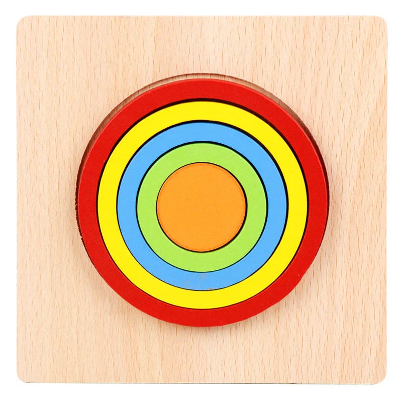 Wooden geometric puzzle with 10 shape graphics in red, yellow, blue, green, and orange colours