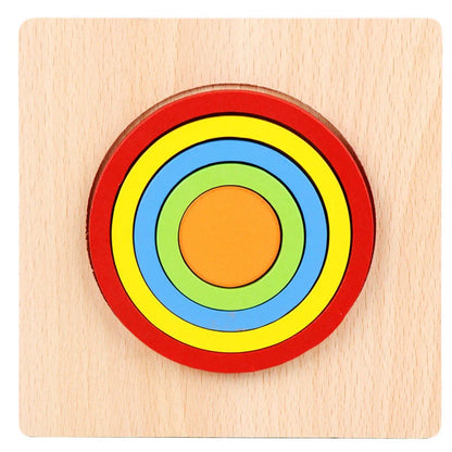 Wooden geometric puzzle with 10 shape graphics in red, yellow, blue, green, and orange colours