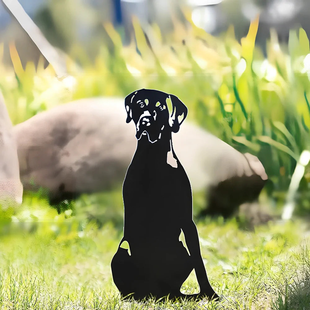 Metal dog silhouette garden decoration showing breed outline on iron background for outdoor display