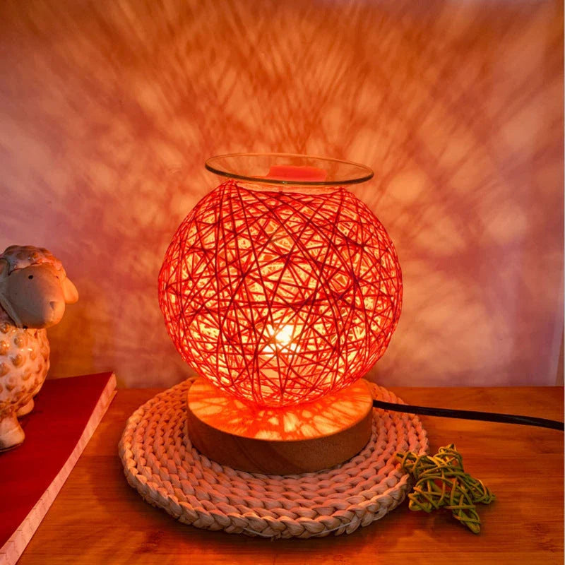Elegant bamboo wax warmer with dimmable night light, sepak takraw design, and fragrance melter for home decor