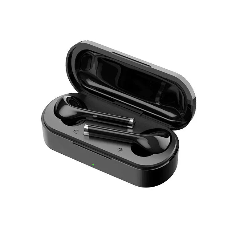Black and white Bluetooth 5.0 wireless headphones with charging dock showing USB charging port