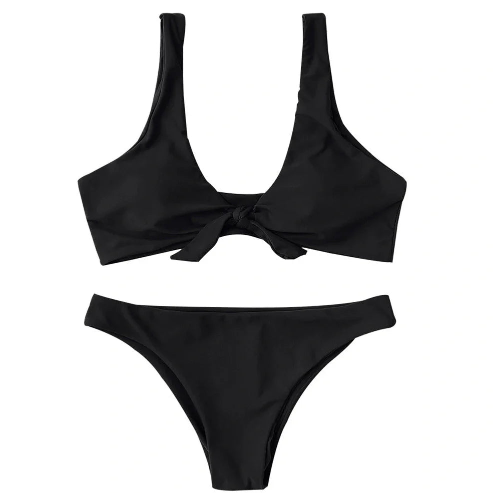 Women's solid colour polyester bikini set for swimming with European styling