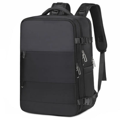 Large purple Oxford cloth travel backpack with multiple compartments and an air pillow belt.