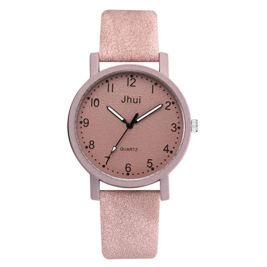 Stylish quartz watch with simple numeric dial, stainless steel clasp, and PU leather strap in various colors