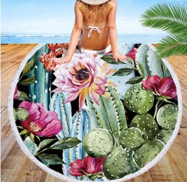 Round microfiber beach towel with cactus design, 60 inches in diameter