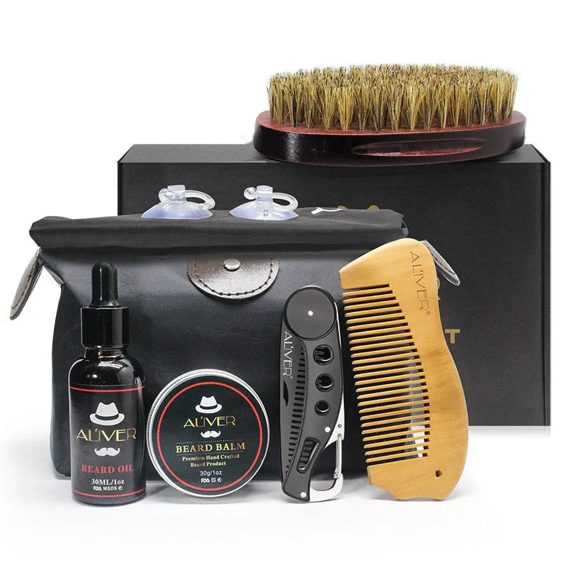 Men's beard grooming set with wooden brush, metal comb, and scissors