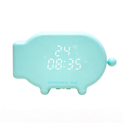 Blue multifunctional LED alarm clock showing time and temperature display with USB cable