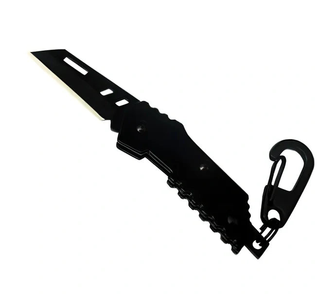 Black pocket folding knife with serrated blade, 85mm length, stainless steel handle