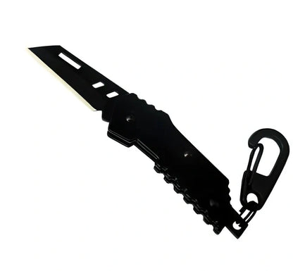 Black pocket folding knife with serrated blade, 85mm length, stainless steel handle