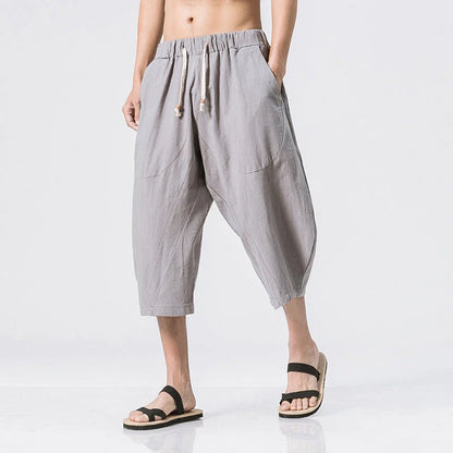 Comfy cotton harem pants in a variety of colors, featuring a relaxed, wide-leg silhouette and convenient drawstring waistband.