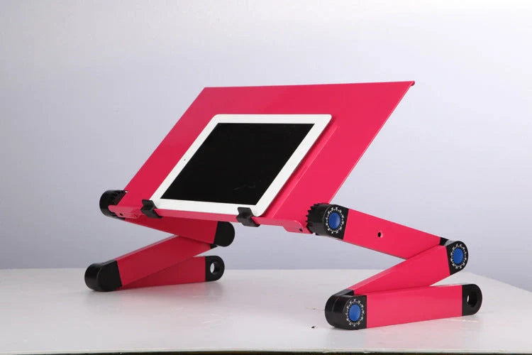 Adjustable folding laptop stand with ergonomic design and mouse pad in cool black and rose red