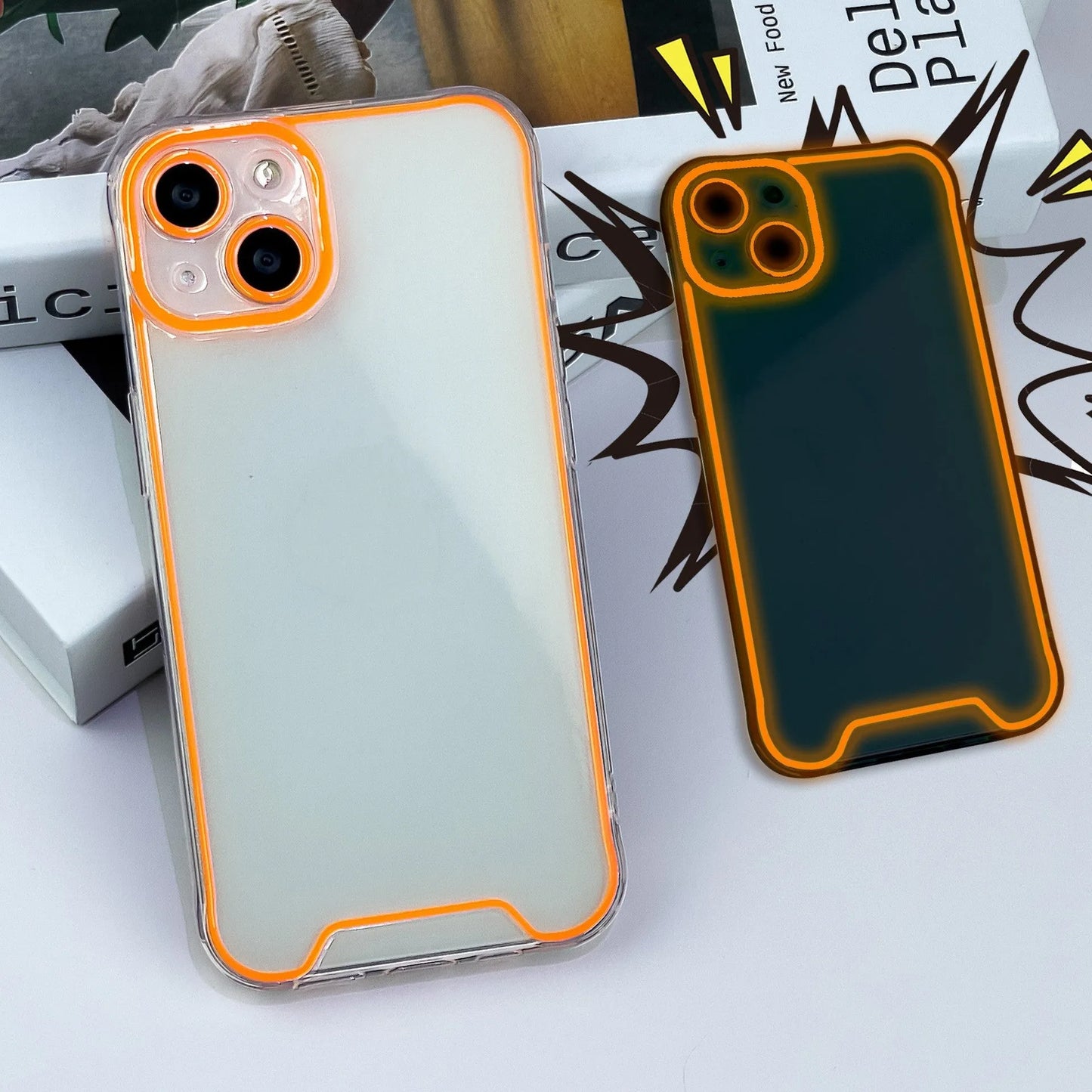 Glow-in-the-dark soft TPU iPhone case in green, orange, blue, yellow, or pink on an iPhone