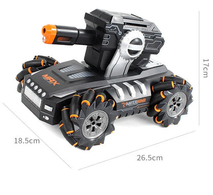 Black and yellow remote control armoured assault vehicle on rocky terrain with dimensions 26.5cm long