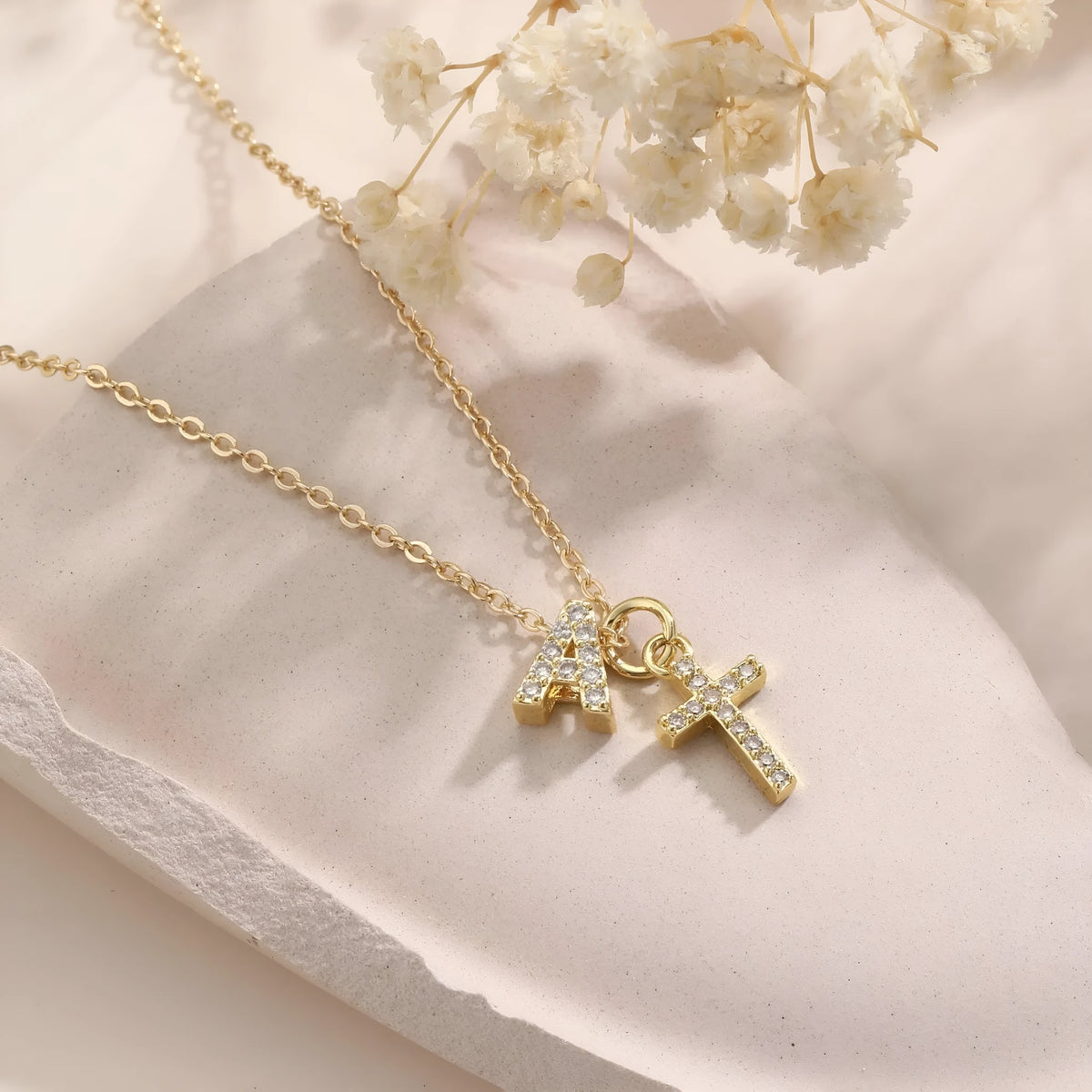 A-Z zircon inlaid letter necklace on a copper regular chain with electroplated finish
