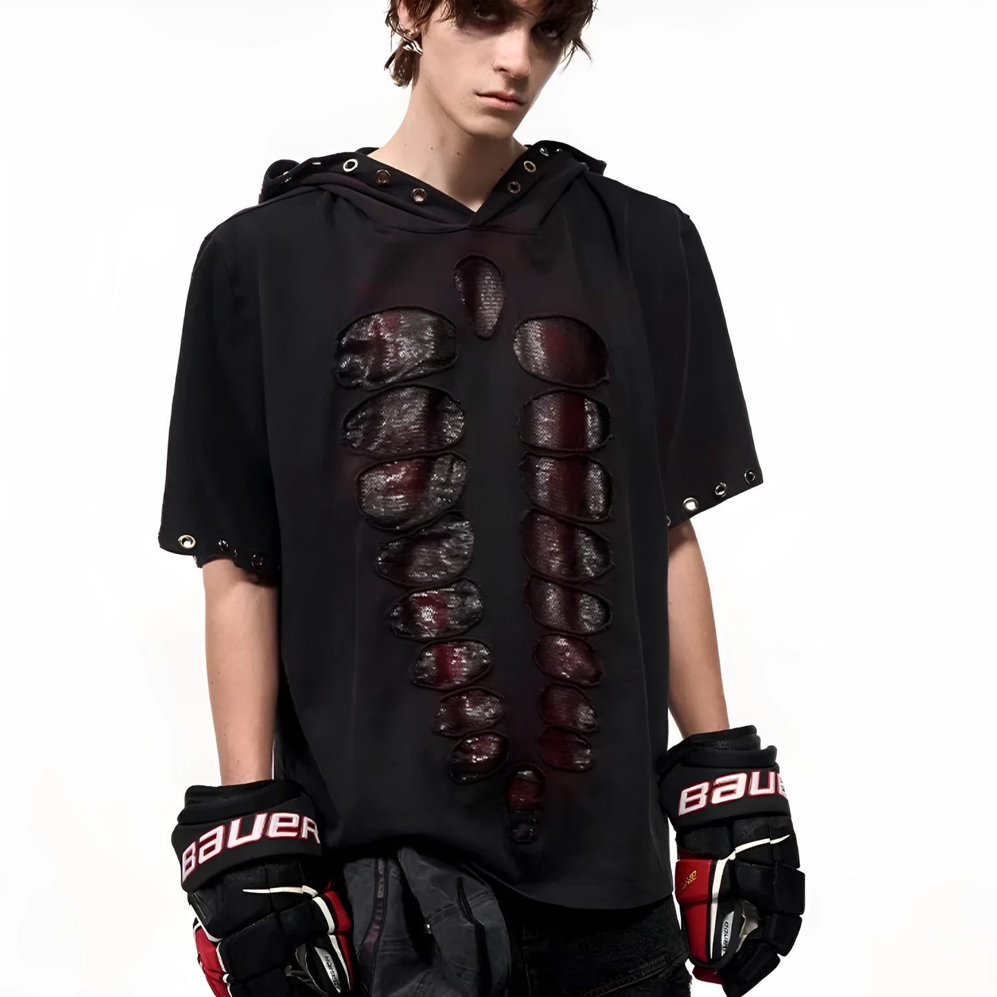 Black men's hooded short-sleeved T-shirt covered in shimmering sequins with a loose fit.