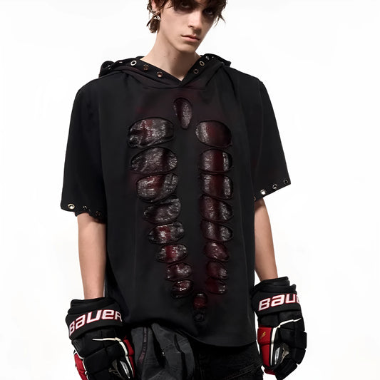 Black men's hooded short-sleeved T-shirt covered in shimmering sequins with a loose fit.