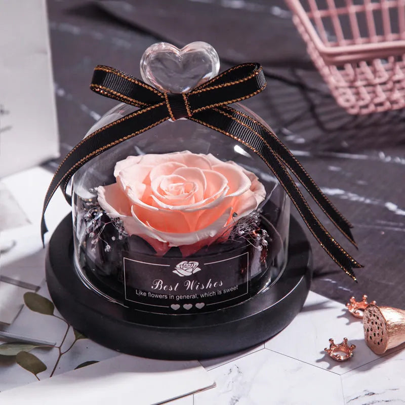 LED eternal real rose preserved in a glass dome home decor with colour options.