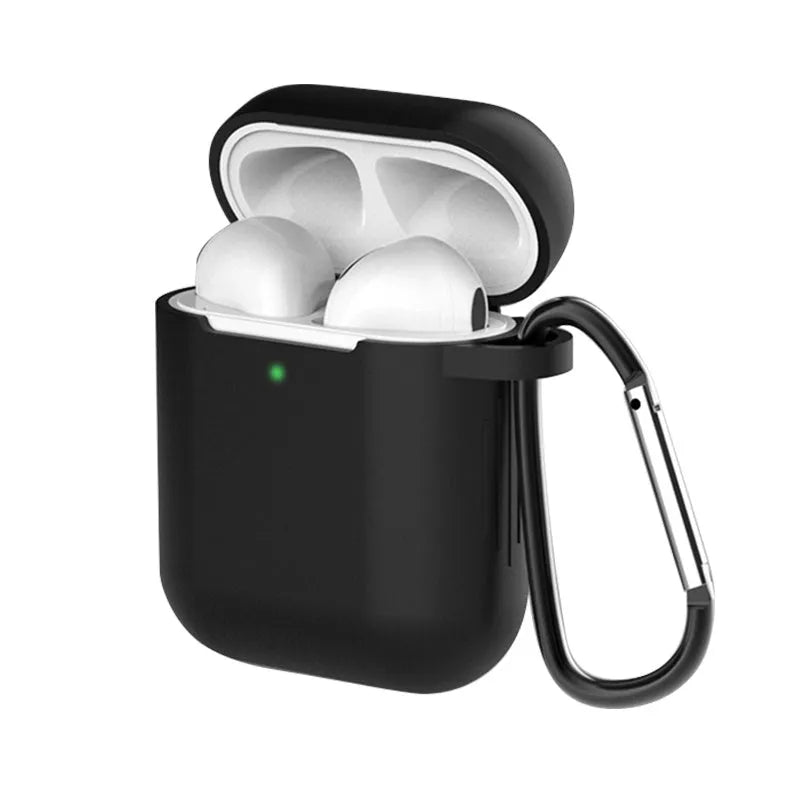 Liquid silicone protective clamshell case for Apple AirPods, shown in multiple colours on a white background.