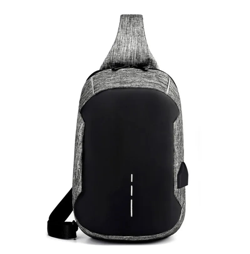 Dark blue Oxford waterproof chest bag with zipper opening, measuring 18cm wide by 31cm high