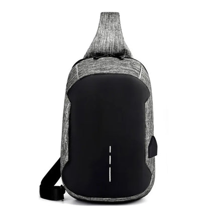 Dark blue Oxford waterproof chest bag with zipper opening, measuring 18cm wide by 31cm high