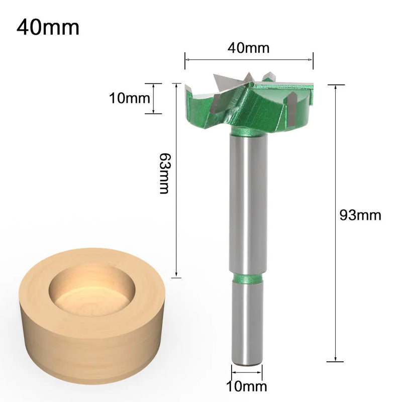 Three-edge woodworking hole opener milling cutter with 50mm blade diameter and maximum 50mm cutting depth, carbide-tipped construction for multiple machine tool compatibility in sizes from 35mm to 60mm centre diameter