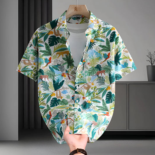 Men's floral print cotton short sleeve shirt in a casual Hawaiian style.