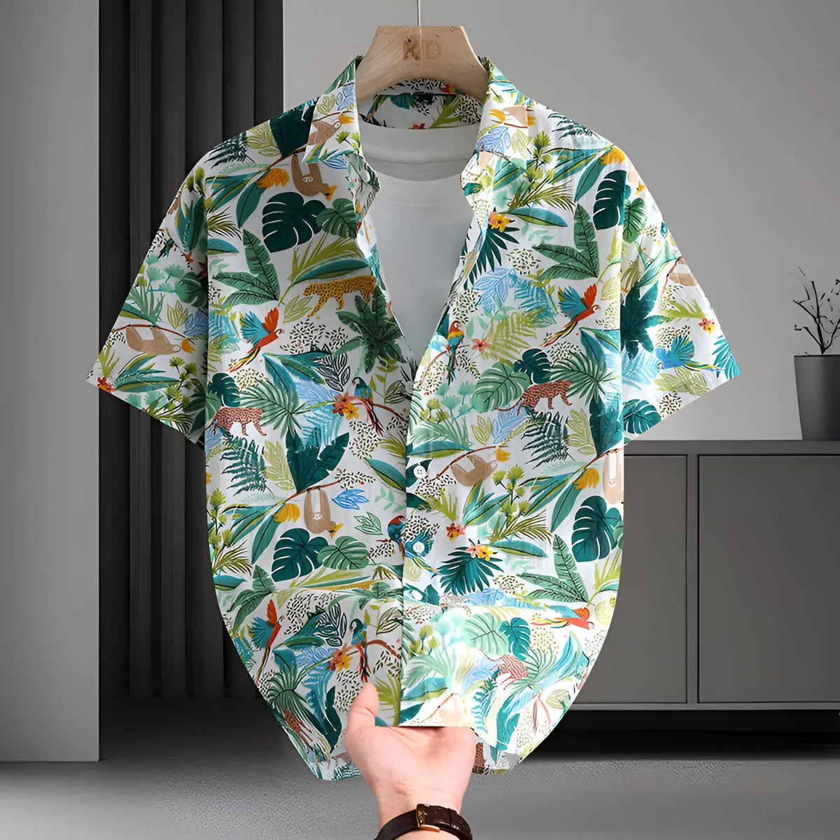 Men's Hawaiian style cotton summer shirt with floral printed pattern in cardigan design