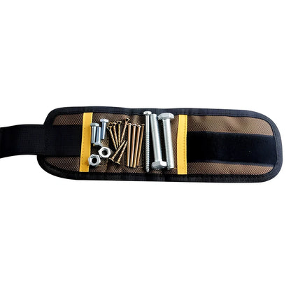 Adjustable magnetic wristband with five embedded magnets on 1680D Oxford cloth, showing tool holding capability