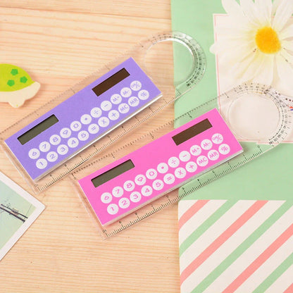 Solar-powered ultra-thin ruler calculator with magnifier, eco-friendly and portable