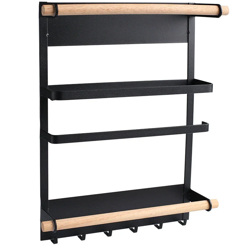 Magnetic Refrigerator Organizer with six hooks, wooden crossbar, and sleek matte metal finish