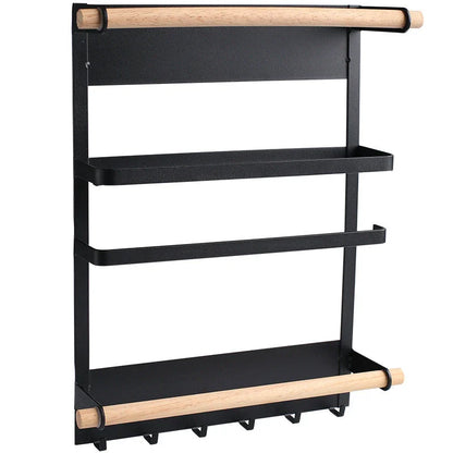 Magnetic Refrigerator Organizer with six hooks, wooden crossbar, and sleek matte metal finish