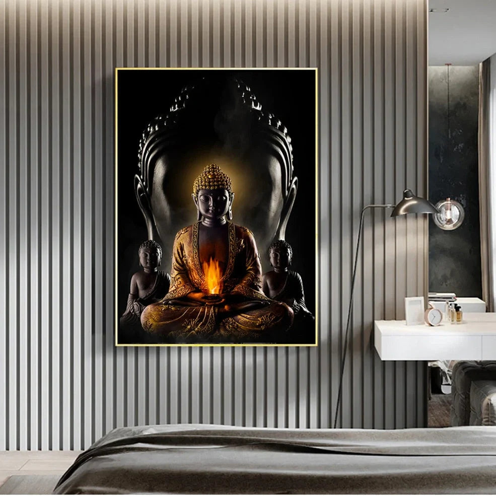 Modern Buddha canvas wall art in chemical fabric with detailed printing, available in 10 sizes from 20x30cm