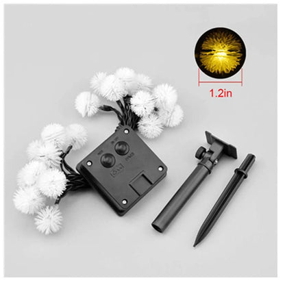 20 LED solar string lights with colourful bulbs along 5m dark green wire, solar panel, and remote control