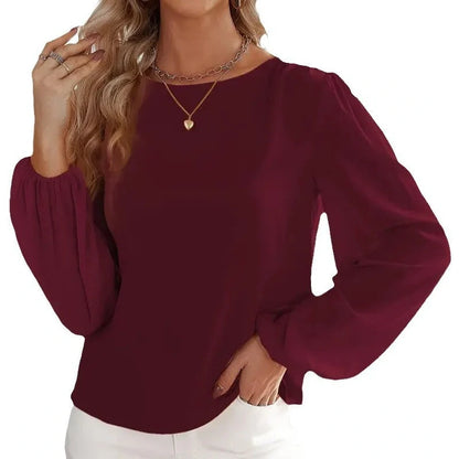 Wine red polyester long sleeve pullover top with button detailing on front, regular fit for commuting wear