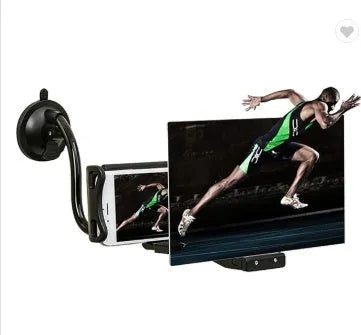 Black mobile phone screen amplifier with 12-inch acrylic display on adjustable rotating bracket
