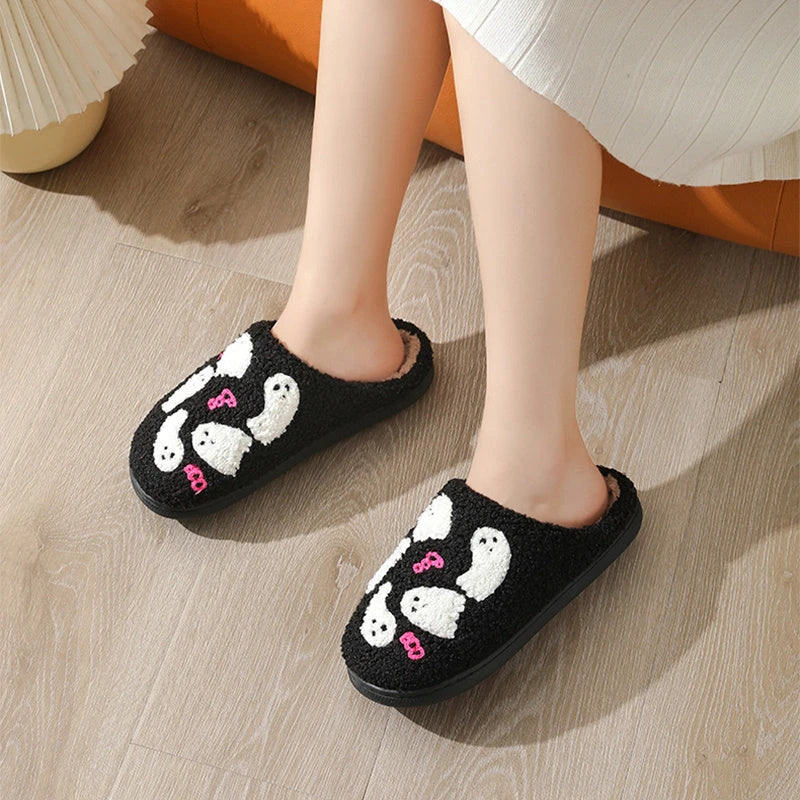 Cozy Halloween ghost slippers for women with soft cotton construction and non-slip rubber soles