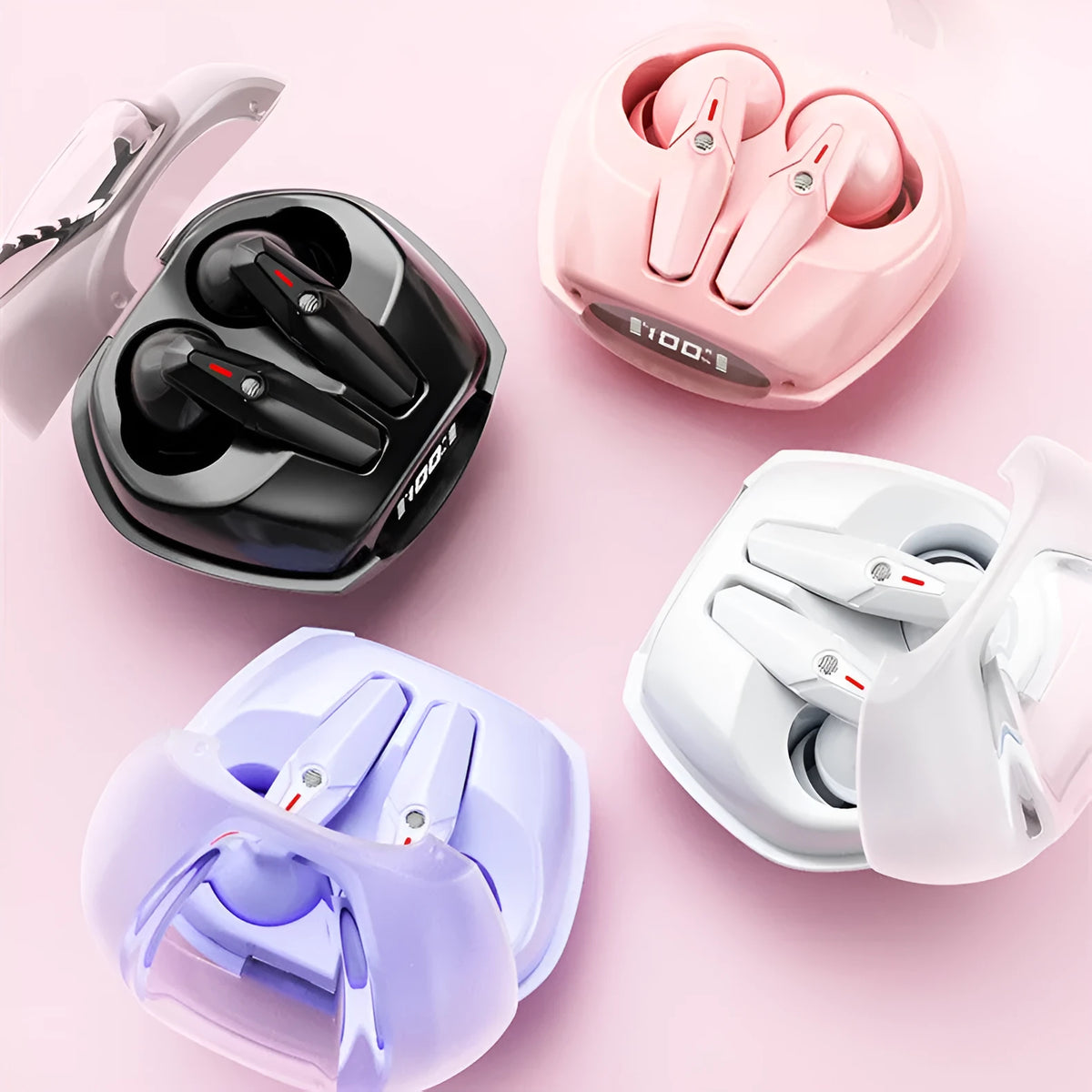 TWS Bluetooth headset with charging bin and cable, in-ear stereo, available in black white pink purple