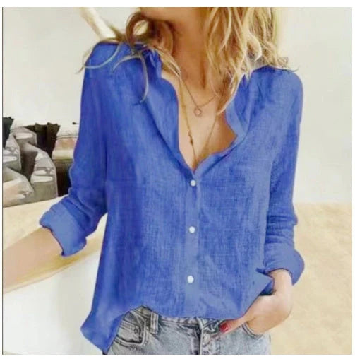 Loose Button Lapel Cardigan Top Long Sleeve Shirt for Women in various colors and sizes