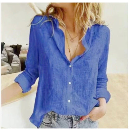 Loose Button Lapel Cardigan Top Long Sleeve Shirt for Women in various colors and sizes