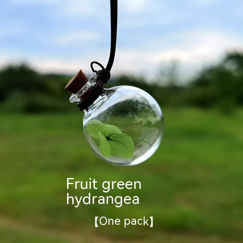 Glass fire extinguisher-shaped car perfume pendant with preserved flowers inside