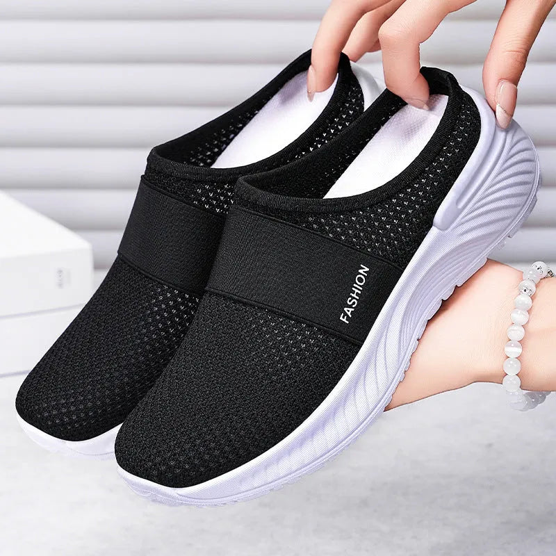 Women's breathable mesh casual shoes in beige, flat heel, round toe, PVC sole, sizes 36-43.