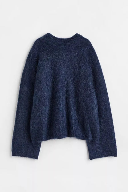 Loose round neck pullover sweater for women in navy blue and dark gray