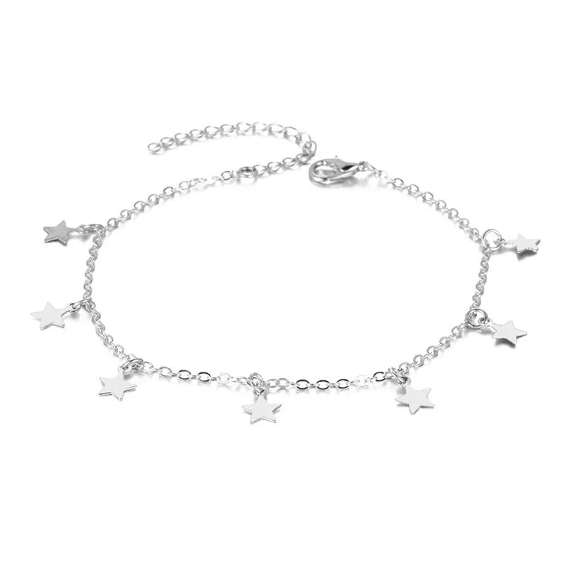 Trendy heart-shaped anklet with double-layered design and retro beach ball chain in gold, silver, and silvery colors.