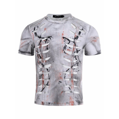Men's white cotton T-shirt with hollow-out design on front, short sleeves, round neck collar